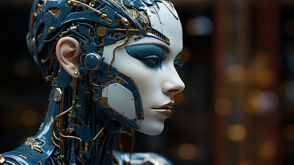 Prompt: an android woman with an abstract design is drawn into its skin, in the style of detailed facial features, dark silver and dark blue, computer-aided manufacturing, made of insects, intense close-ups, precisionist lines, human connections