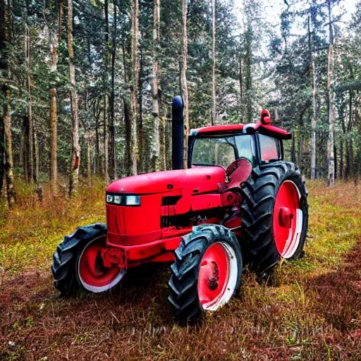 Prompt: tractor in red abandoned in the forest, and small game nearby, with hunters on horseback