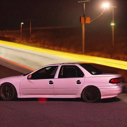 Prompt: Red altezza on a highway at night