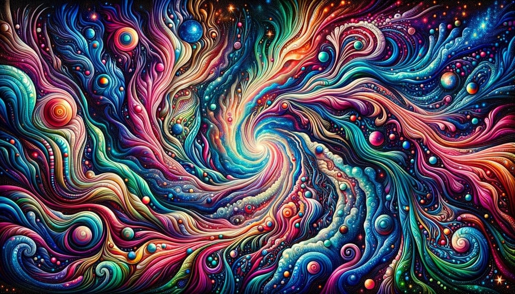 Prompt: vibrant depiction of the cosmos, influenced by schizowave and weirdcore aesthetics, celebrating the wonders of nature with intricate details and flowing designs
