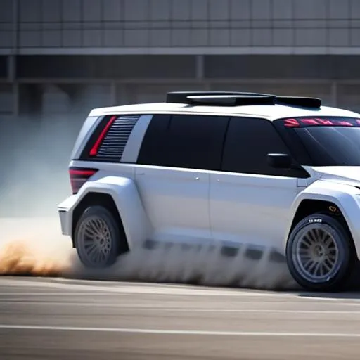 Prompt: Specced out rally version of the vw transporter, with a v12 in the back, with an enormous and complicated tear wing