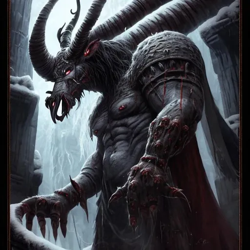 Prompt: Toronor is a massive beast, standing near eight feet tall, dark red skin, and giant white horns that protrude from just above his hair line. His cloven hooves clack as they grate against the cold gray stone of the Hall. His demeanor seems quite calm compared to the stories that have been told over the centuries. This is the infamous, Toronor. 