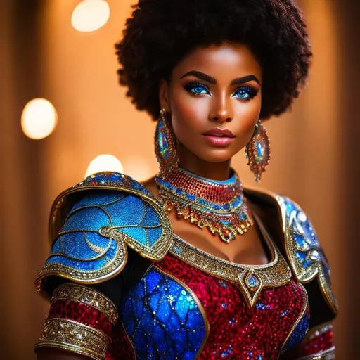 Prompt: {highly detailed, masterpiece, 4k hdr}. An Attractive African American Woman {Dark Skin, muscular, black hair with red highlights, freckles on cheeks, blue-within-blue colored eyes}. Chainmail Bikini, red ruby jewels 