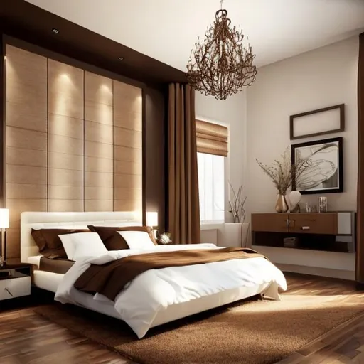 Prompt: create a modern bedroom with beige and brown theme

