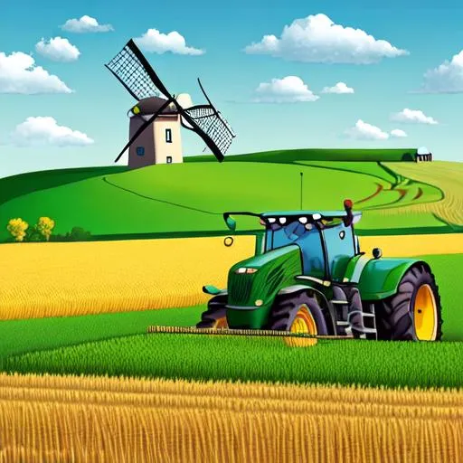 Prompt: illustration 2d,green fields, wheat fields, house, windmill, harvesting, realistic sizes, fertilization, tractor, smooth colors, smoot fill, vector style, detailed