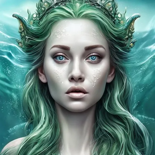 Prompt: Mermaid goddess green beautiful hyper realistic face features hyper detailed forehead crown 