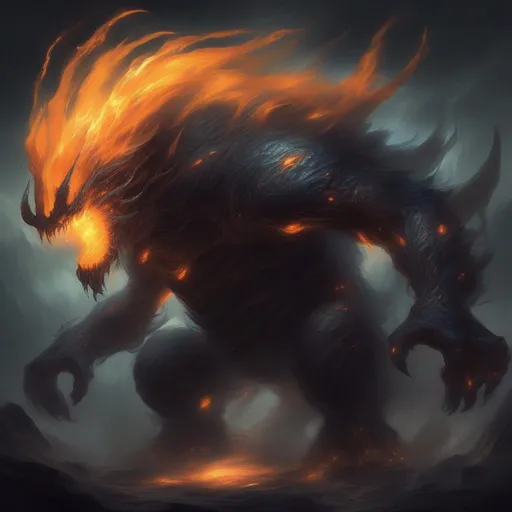 Prompt: a gigantic chaos calamity monster made from wisps of darkness and you could see the orange energy under.