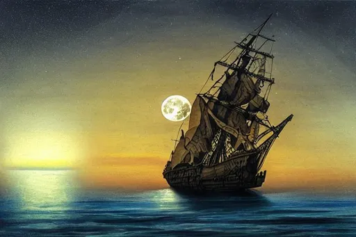 Prompt: Realistic Ghost ship on horizon twilight full moon