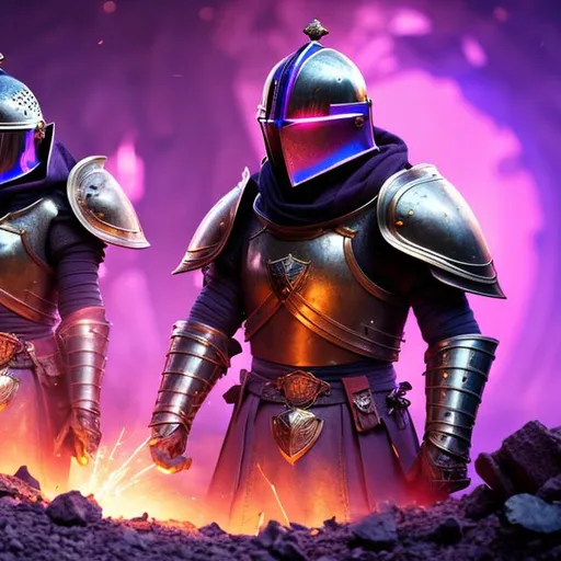 Prompt: Knights with helmets, purple light cracking through the helmets, in a castle, black hole in the distance, High-res, Epic cinematic shot