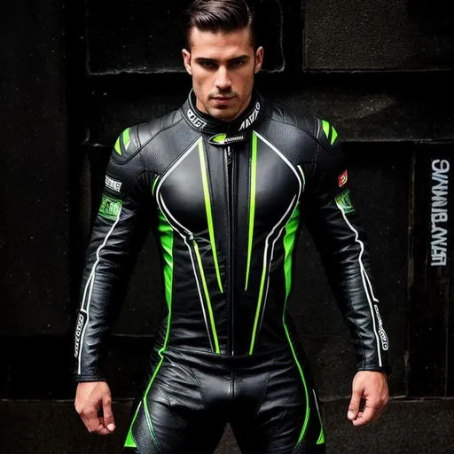 muscular man, black and green leather racer suit | OpenArt