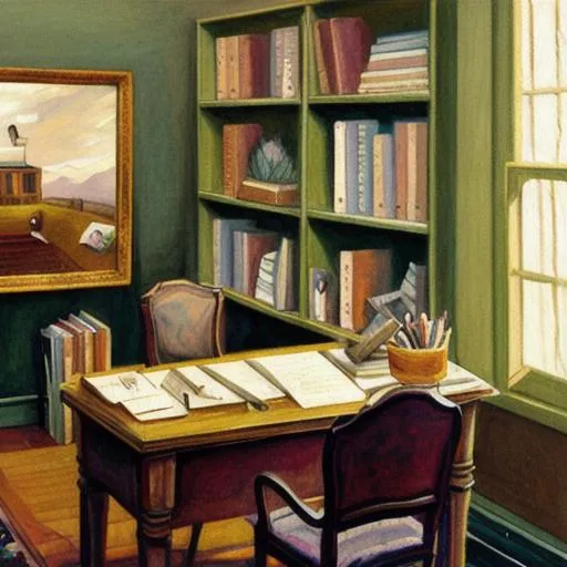 Prompt: A painting of a writer's office 