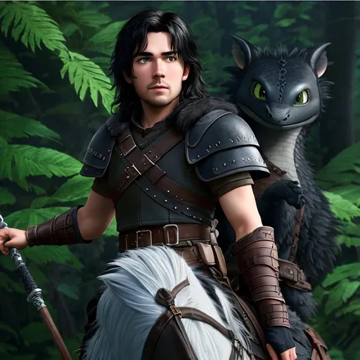 Prompt: Please produce a 25 year old male viking from How to Train Your Dragon, no beard, no mustache, photo session, attractive, black hair, (((full body visible))), looking at viewer, portrait, photography, detailed skin, realistic, photo-realistic, 8k, highly detailed, full-length frame, High detail RAW color art, piercing, diffused soft lighting, shallow depth of field, sharp focus, hyperrealism, cinematic lighting