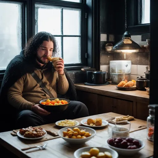 Prompt: increase black,one table, a lot of food on table, very fat Jon Snow eating in small house with window in night, eat, cooked chicken, cooked potatoes, window at night, window spaceship,increase black, soup bowl, sweet home, cosy