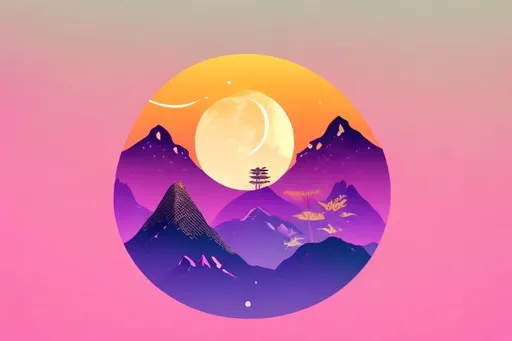 Prompt: A View of Mountains, Moon, and Sun with Plants on The Sides Acting as Side Display with a Blue Purple Backgrounds or Sight