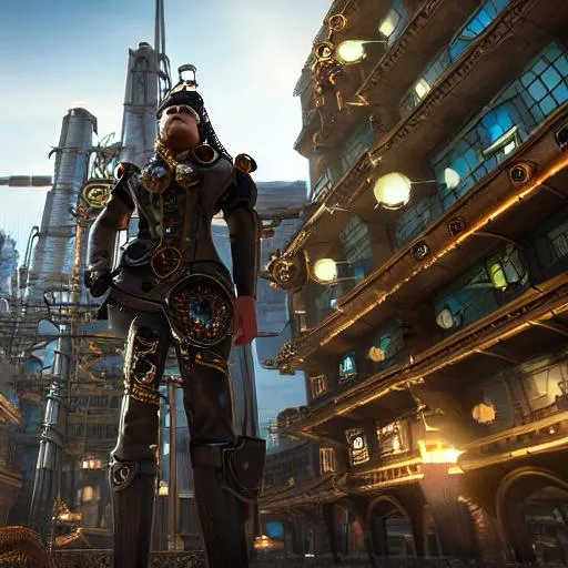 Prompt: a steampunk person near a big building,  UHD, HDR, 8K, RPG, UHD render, HDR render, 3D render cinema 4D, cinematic light, high res intricately detailed complex