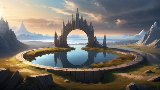 Prompt: circular portal, gateway between cities realms worlds kingdoms, ring standing on edge, freestanding ring, complete ring, panoramic view