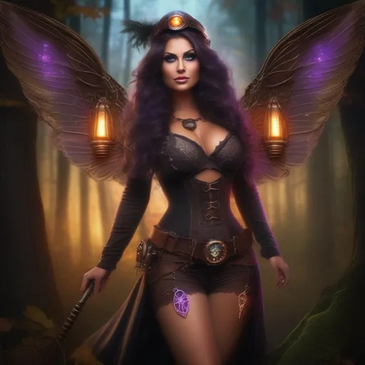 Prompt: Wide angle. Whole body showing. Detailed Illustration. Photo real. Very realistic. A beautiful, buxom woman with broad hips. Colorful, glowing bright eyes,  standing in a forest by a sleepy town. Shes a Steam Punk Witch, a Winged Fairy, with a Skimpy, sheer, flowing outfit. On a colorful, Halloween night. 