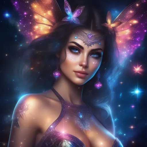 Prompt: A whole detailed body view of a stunningly beautiful, hyper realistic, buxom woman with incredible bright eyes wearing a sparkly, glowing, skimpy, sheer, fairy, witches outfit on a breathtaking night with stars and colors with glowing, detailed sprites flying about