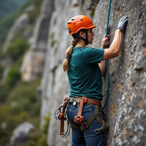 Prompt: Rock climbing harness displayed being put on a rock climber