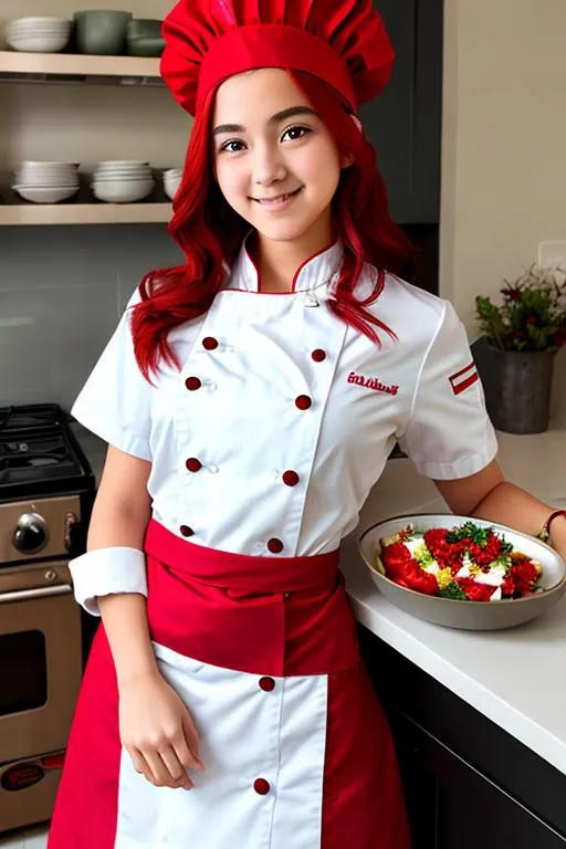 Prompt: Girl 17yo, Chef costume, red hair,