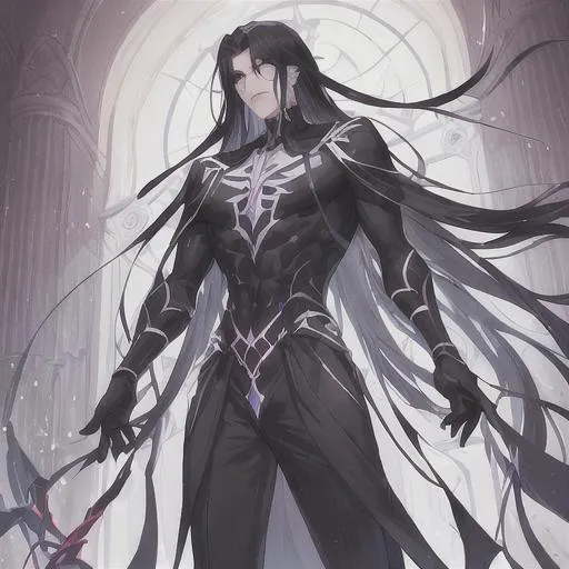 Prompt: Veleno Nex is a striking figure with his long black hair cascading down his back, framing his chiseled features. His sharp, intelligent eyes are as dark as obsidian, and he carries himself with a confident, almost regal air. Despite his profession as a necromancer, his features are more akin to that of a model or a prince.

He wears a long, flowing black robe, adorned with intricate patterns and sigils, which hints at his expertise in the arcane arts.

Veleno's most notable feature is his stitched-flesh familiar, Isis, who slithers alongside him wherever he goes. This stitched-flesh familiar is a unique creation, brought to life by fusing various snakes together in a magical ritual. Isis is a fascinating creature to behold, with scales of different colors and textures covering her elongated body. She is fiercely loyal to Veleno and serves as his eyes and ears in places where he cannot go.

In battle, Veleno uses an obsidian orb to channel his magic, unleashing powerful necrotic spells and curses upon his foes. His high charisma and suave demeanor make him a natural leader and a persuasive negotiator. Despite his occupation, Veleno has a surprisingly kind and empathetic personality, which often surprises those who meet him for the first time.

he wears a black elegant cloak, and always has his orb and snake with him.