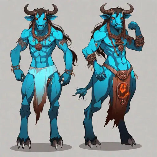 Prompt: Your OC is a massive withered minotaur, with fiery sky blue eyes. They identify as female, and have a piercing voice. As an accessory, they have 2 buttons, and they can be seen wearing a collar.