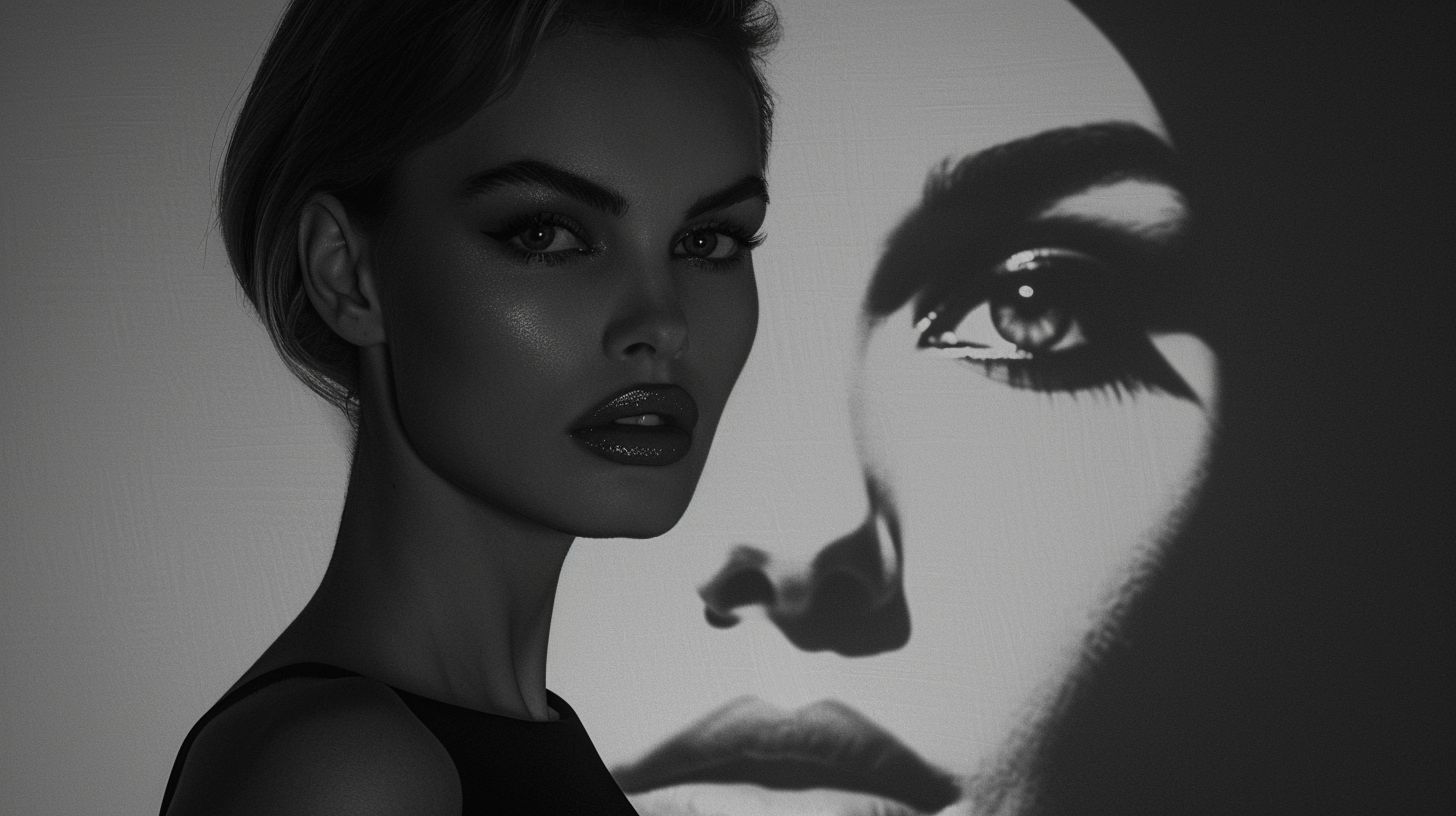 Prompt: high end supermodel pose in front of a big black and white portrait of herself projected around her