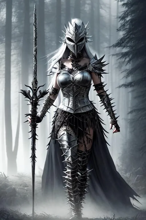 Prompt: full body portrait of a female beautiful sorceress wearing a spiked metal helm and mask walking through mist in scale armor and white braid hair and metal arms and gauntlets and holding a barbed sword in front of misty forest at sunrise, dark fantasy, hyper realistic, hdr, micro details, anime details, perfect compensition western battle background, perfect composition, hyperrealistic, render, super detailed, 8k, high quality, trending art, trending on artstation, sharp focus, studio photo, intricate details, highly detailed, creative, hair, fan art, glistening, refracting, leaves