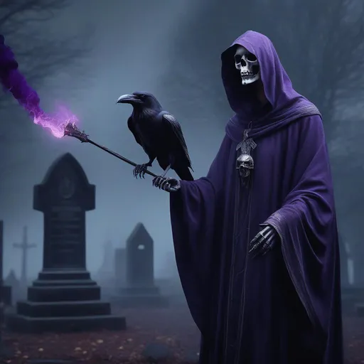 Prompt: anthropomorphic, death with raven skull as a head stareing out over a graveyard, realistic, human proportions, glowing purple eyes, dark room, white colors, dark magic, long robe, magic staff, medieval, high definition, professional, fog, smoke, professional, 4K. HD, High RES