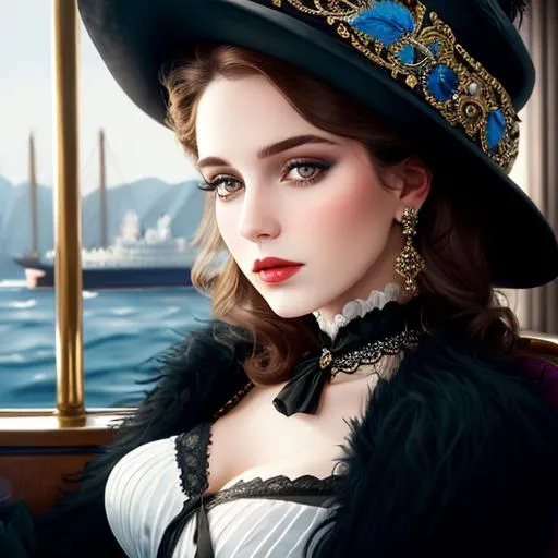 Prompt: fashionable 1st class  female passenger on the Titanic, pale skin, dark styled hair, large lips,  looking sad, facial closeup, vibrant colors, elaborate hat with feathers
