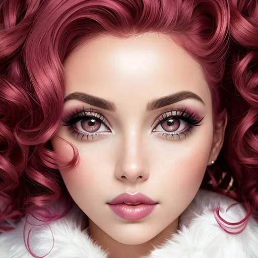 Prompt: woman with big  eyes and carmine lips, curly pink hair, lips, pink cheeks