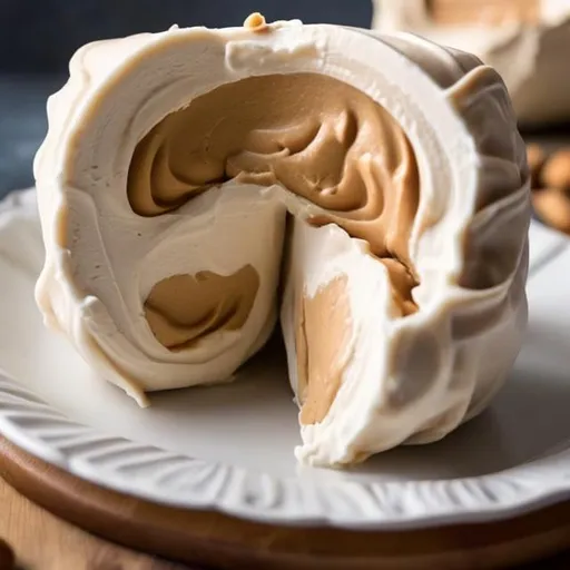Prompt: Frozen cool whip with peanut butter wrapped around it, cut in half.