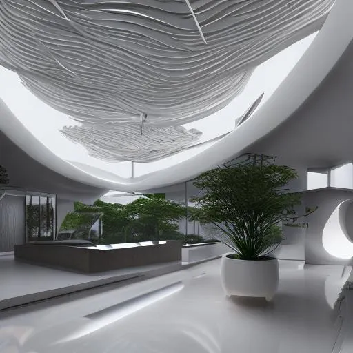 Prompt: white themed interior by Zaha Hadid, minimalistic architecture, interior sustainable garden, wooden decoration, neon lightning,  8k, octane render, ultra hd render, ultra quality photo realistic, hyper realistic