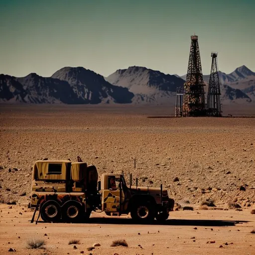 Prompt: oil rig, desert, mountain, military