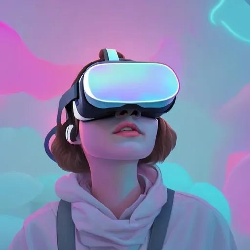 Prompt: digital illustration of a person with VR glasses experimenting with the virtual world pastel colors