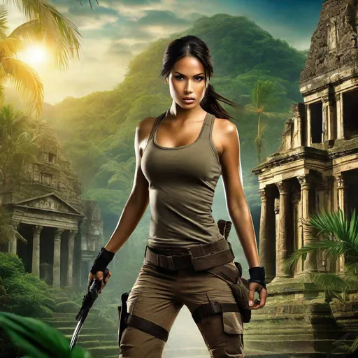 Prompt: RAW photo, athletic young Indonesian woman, 25 year old, (round face, high cheekbones, almond-shaped brown eyes, small delicate nose, black hair in long braid), dressed as Lara Croft, perfect hourglass figure, action pose, background ruined ancient tropical city, masterpiece, intricate detail, hyper-realistic, photorealism, award–winning photograph, shot on Fujifilm XT3