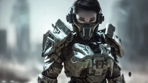 Prompt: Realistic photo of a female soldier with futuristic heavily armored armor, blurred background, realistic light, cold color palette