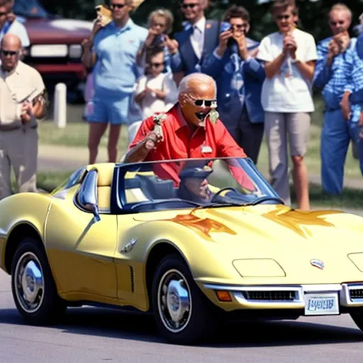 Prompt: Biden driving the world's smallest yellow corvette while eating ice cream photo 1990s