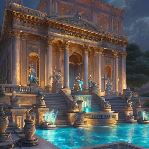 Prompt: a large building with a fountain in front of it, 2. 5 d cgi anime fantasy artwork, as an offering to zeus, inspired by Domenico Quaglio the Younger, by mark keathley, in their noble mansion, rendering of beauty pageant, videogame render, vektroid, art for the game, krenz cushart and artgerm, comic book:.2 | unreal engine:.3