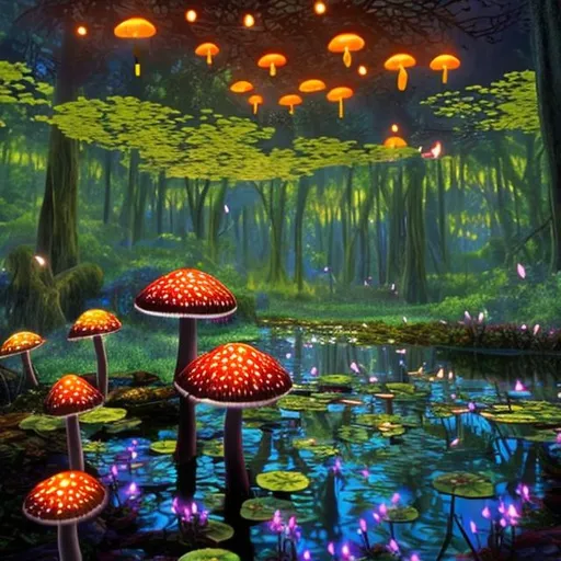 Prompt: enchanted mushroom forest with fireflies and and stream with lily pads