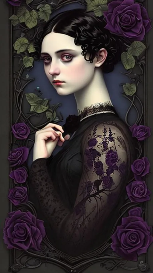 Prompt: "portrait of young victorian woman with black hair and blue grey eyes holding a bloody dark purple rose, black lace, leaves, vines, portrait, 5.5 x 8.5, christian schloe"