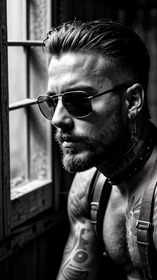 Prompt: Sensual, tattooed, shirtless, rustic  man from a random country, wearing sunglasses and an strapped rugged leather harness, in an abandoned place near a window, cinematic, close-up portrait, grayscale, hyperrealistic, hyperdetailed, ambient light, perfect composition, provocative, textured skin, high contrast, profile portrait, ultra HD.