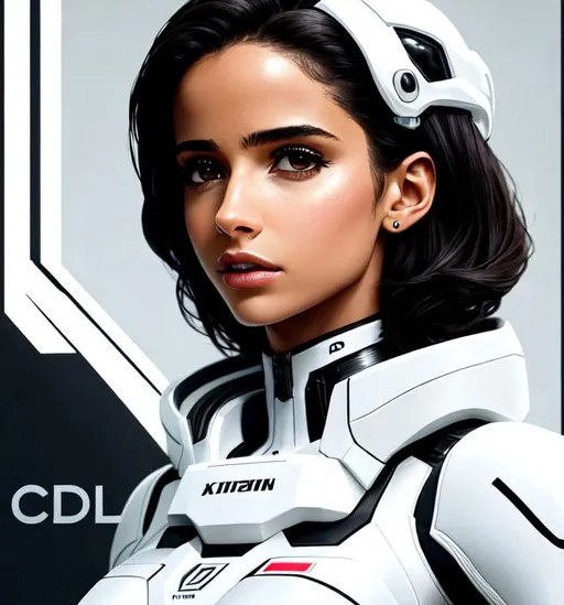 Prompt: <<https://i.pinimg.com/550x/ee/0e/cd/ee0ecd809ab237cede3415cce9275844.jpg>> Naomi Scott in white mech suit created by Ilya Kuvshinov, Movie poster style, box office hit, a masterpiece of storytelling, main character center focus, monsters + mech creatures locked in combat, nuclear explosions paint sky, highly detailed 8k