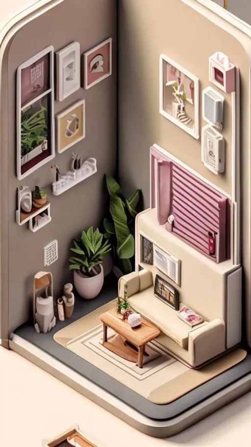 Prompt: iPhone wallpaper. Tiny cute isometric living room in a cutaway box, minimal design, soft smooth lighting, neutral colors, 100mm lens, 3d blender high quality render, beige french interior design