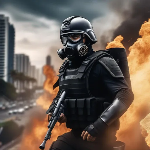 Prompt: a modern roman military male in black military roman armor, and gas mask, attacking Rio de Janeiro, Brazil, sharp focus, Professional, UHD, HDR, 8K, Render, electronic, dramatic, vivid, pressure, stress, traumatic, dark.