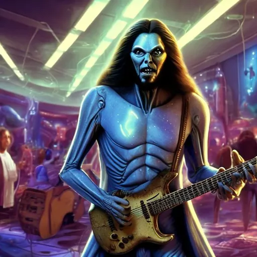 Prompt: Alien Jesus playing a double-necked Guitar for spare change in a busy alien mall, widescreen, infinity vanishing point, galaxy background, surprise easter egg