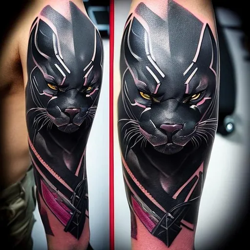 Prompt: Tattoo of a cross between a realistic black panther and the pink panther. 