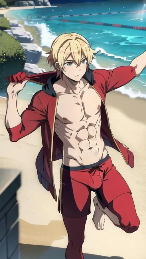 Prompt: Leo from Fire emblem Fates, blonde hair, red Swim Boxer trunks, spandex, bare chest, swim parka