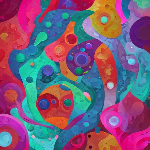 Prompt: Craft an abstract portrayal of life extension and biological advancements. Use a fusion of organic shapes in lively colors, embodying the vibrancy and extension of human life.
