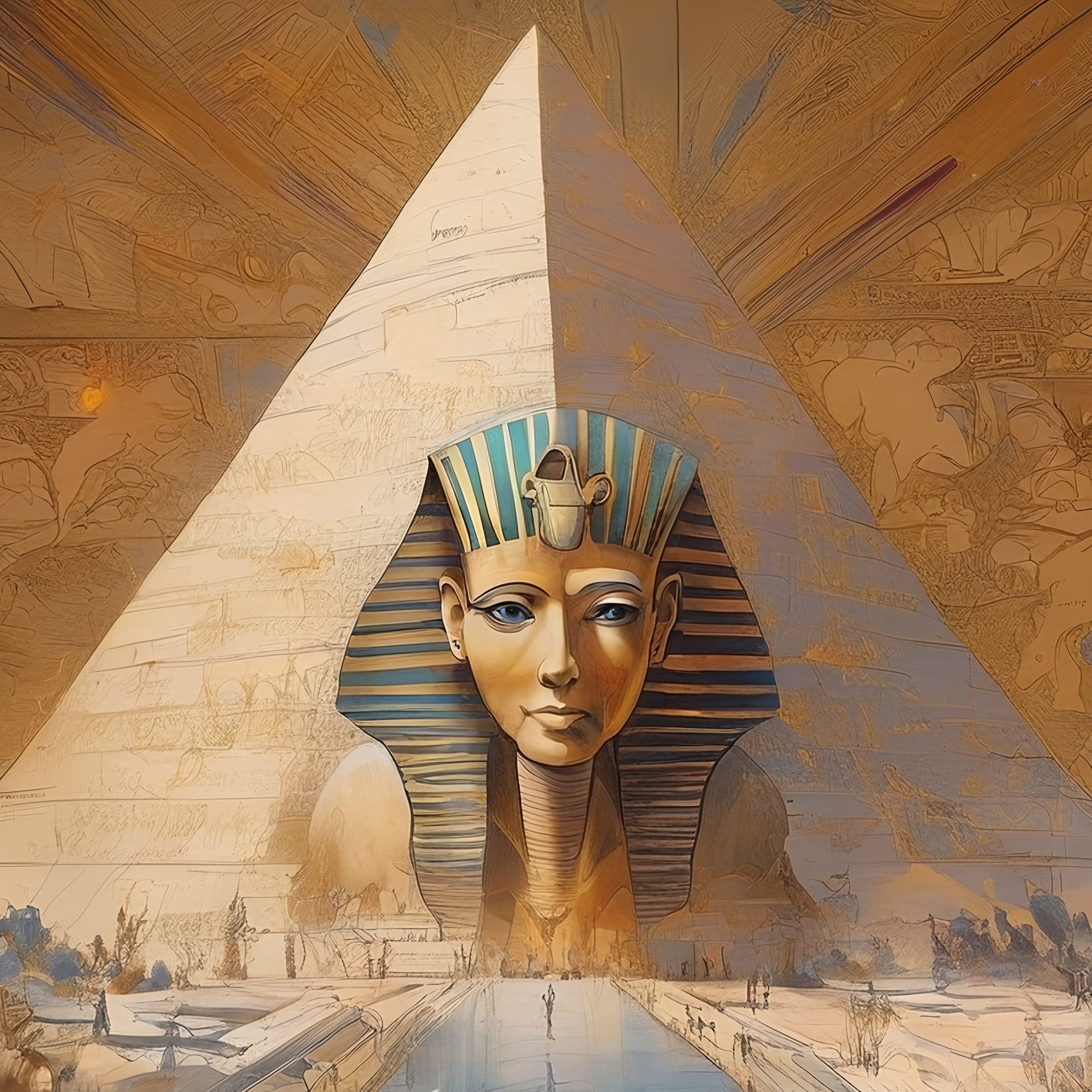 Prompt: a painting of a sphinx head with a pyramid in the background and a river with people in the foreground, fantasy art, syd mead. rich colors, egyptian art